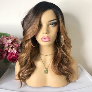 Brown & Copper Gold Brown Ombre Synthetic Medium Long 22 Inch Middle & Side  WIG